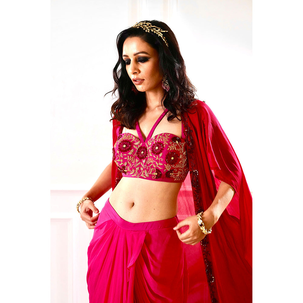 Rashika Sharma Shirin Maroon and Pink Drape Skirt and Cape (Set of 3)