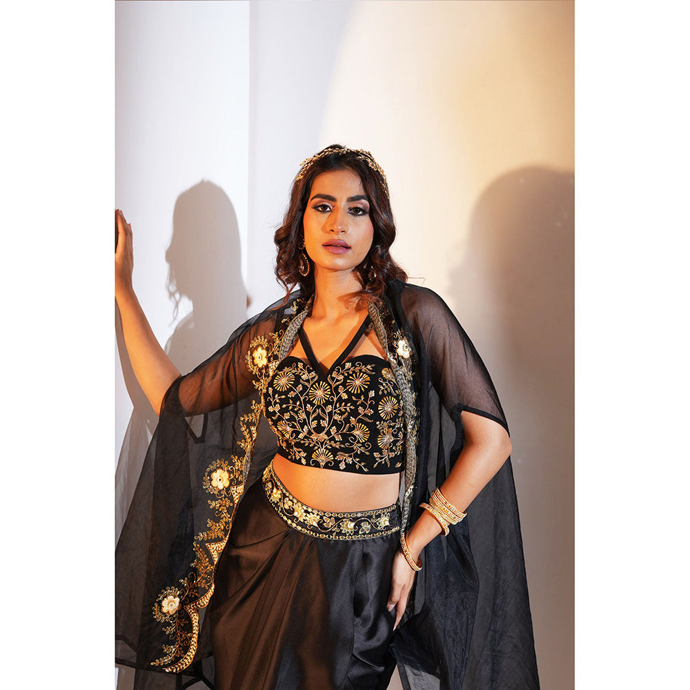 Rashika Sharma Aria Drape Skirt with Bustier and Cape (Set of 3)