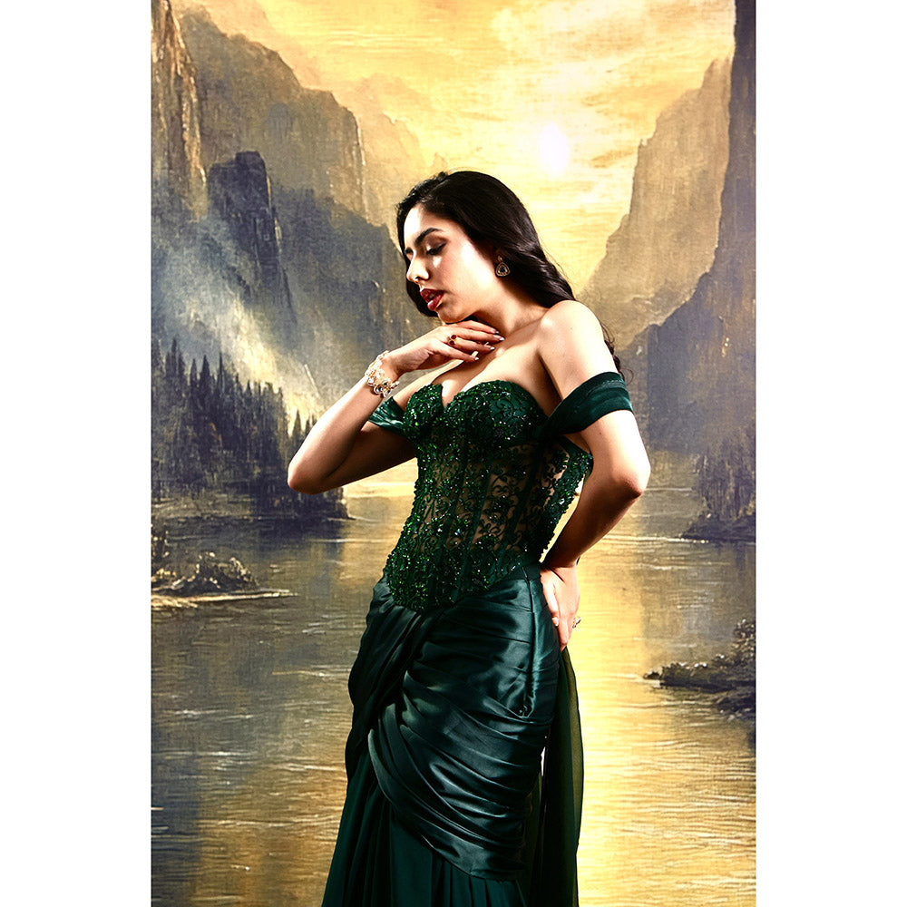 Rashika Sharma Green Amber Corset Top with Draped Skirt (Set of 2)