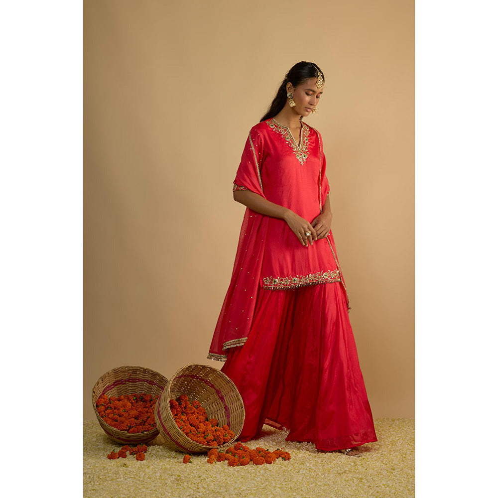RAYASHA KHAN Pink Crimson Blush Silk Chiffon Sharara with Kurti and Dupatta