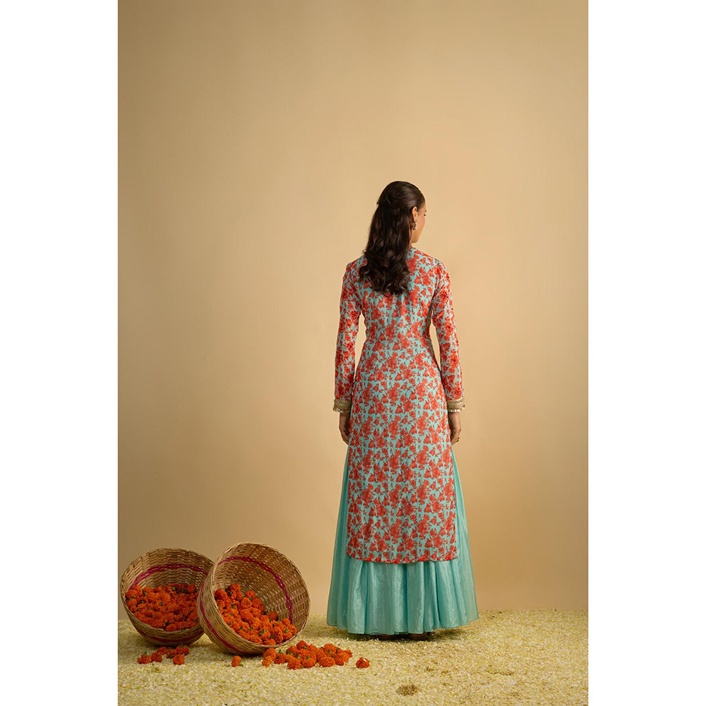 RAYASHA KHAN Blue Printed Long Kurta with Sharara and Dupatta