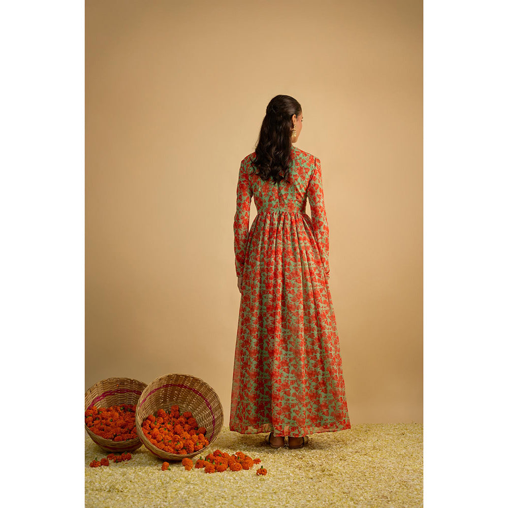 RAYASHA KHAN Green Printed Georgette Hand Embroidered Anarkali with Dupatta