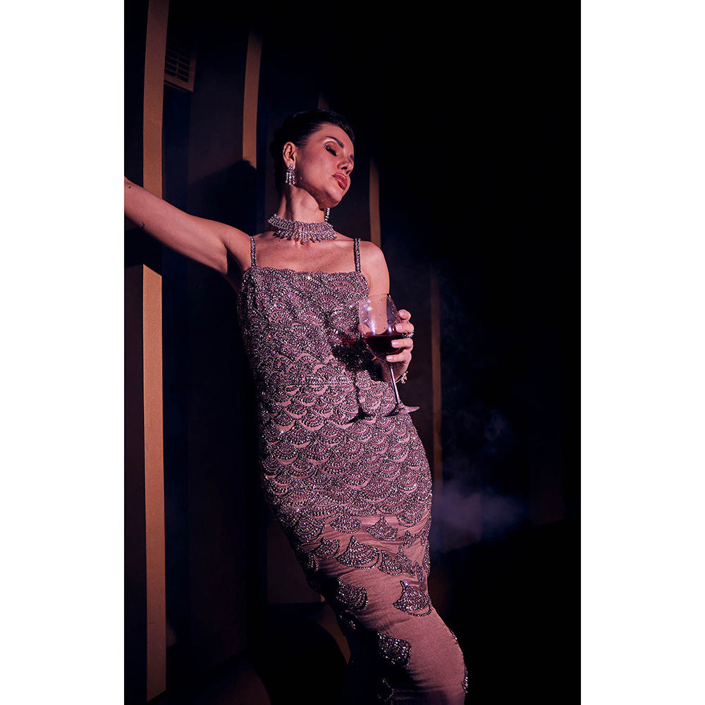 Realm By Vaishali Serena Dusty Pink Crystal Embellished Maxi Dress