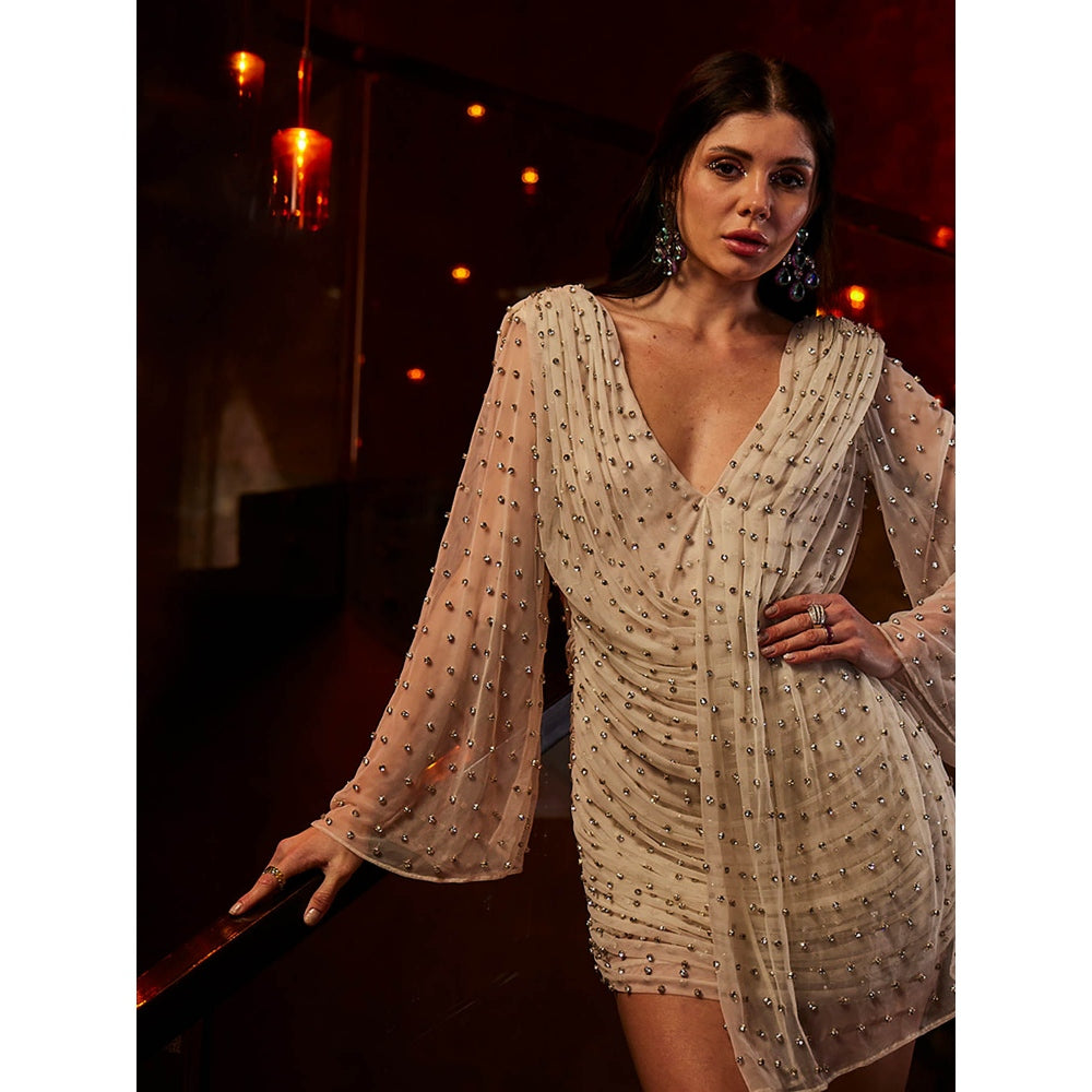 Realm By Vaishali Delilah Off White Crystal Embellished Mini Drape Dress