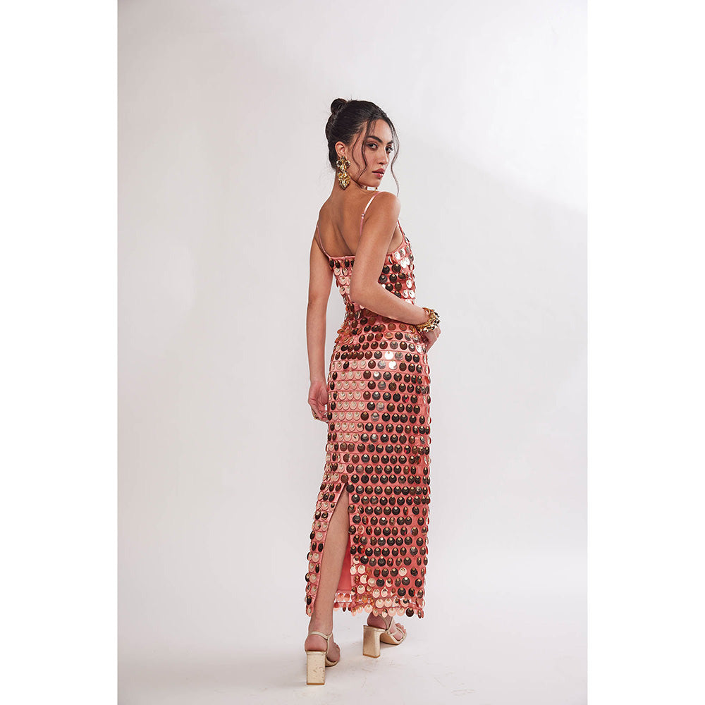 Realm By Vaishali Sundae Rose Gold Sequin Embellished Maxi Dress