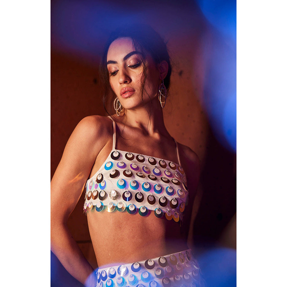 Realm By Vaishali Sea Maiden Iridescent White Sequin Embellished Bralette with Skirt (Set of 2)