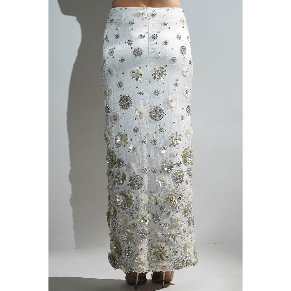Realm By Vaishali Charlotte White Floral Sequin Embellished Maxi Skirt
