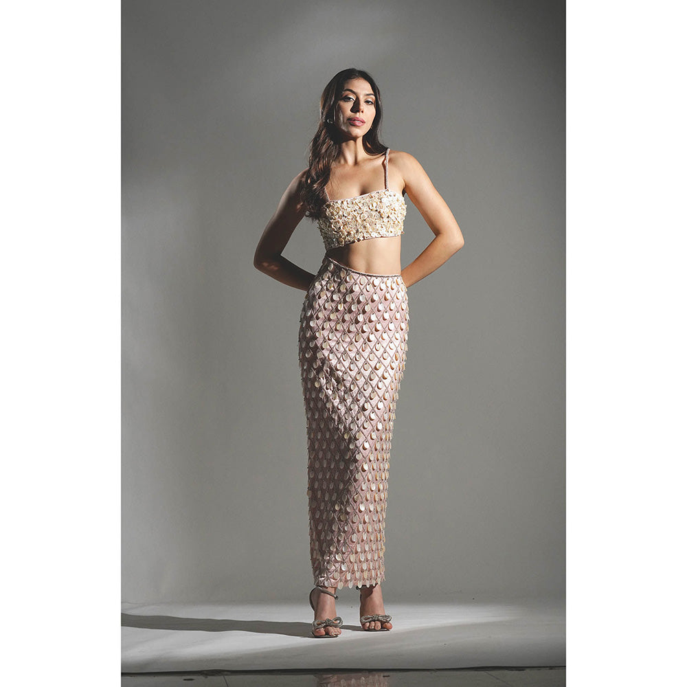 Realm By Vaishali Pink Madeline Salmon Peach Mother Of Pearl Embellished Maxi Dress