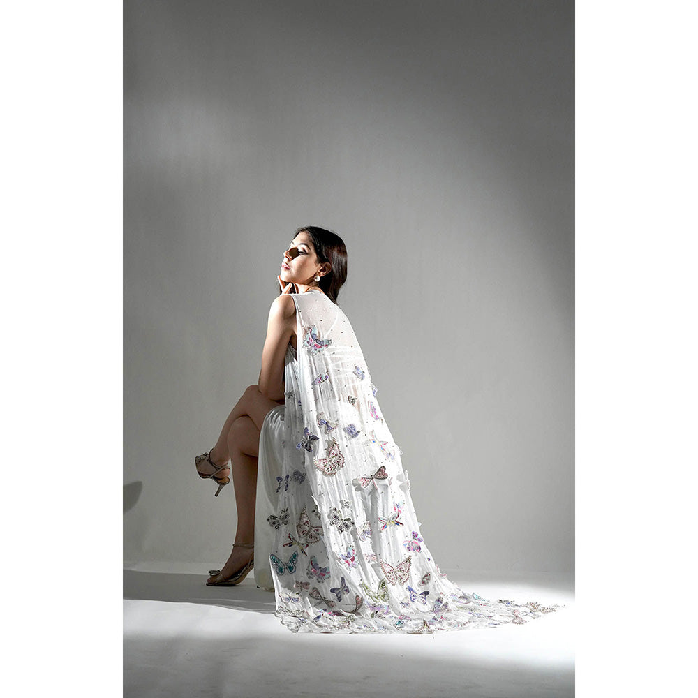 Realm By Vaishali White Ariel 3D Rhinestone Embellished Crop Top with Skirt and Cape (Set of 3)