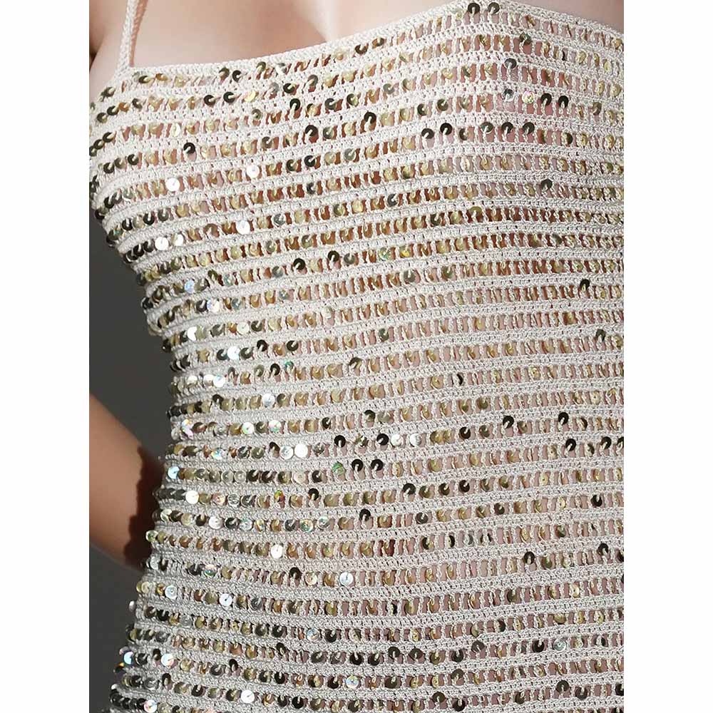Realm By Vaishali Aria Off White Golden Sequin Crochet Maxi Dress