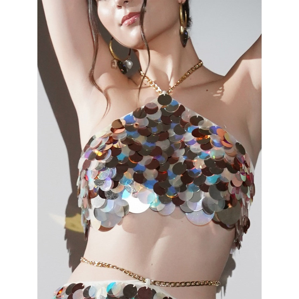 Realm By Vaishali Isla Metallic Sequin Halter Crop Top