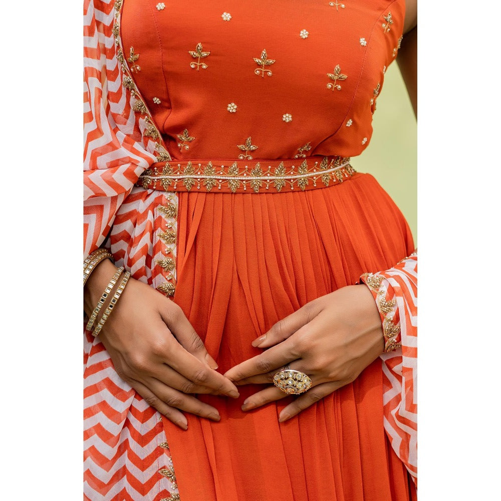 Redpine Designs Orange Embroidered Anarkali with Dupatta and Belt (Set of 3)