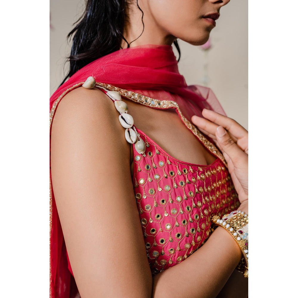 Redpine Designs Pink Pleated Mirror Anarkali with Dupatta (Set of 2)