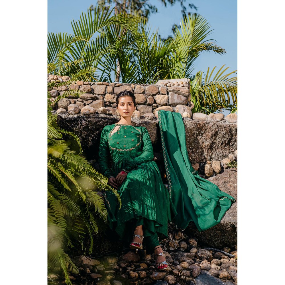 Redpine Designs Emerald Green Embroidered Anarkali with Palazzo and Dupatta (Set of 3)