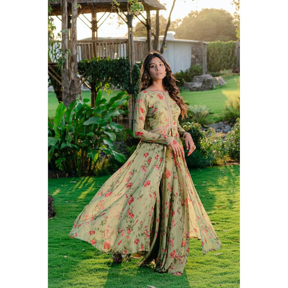 Redpine Designs Pista Green Embroidered & Printed Kurta with Sharara (Set of 2)