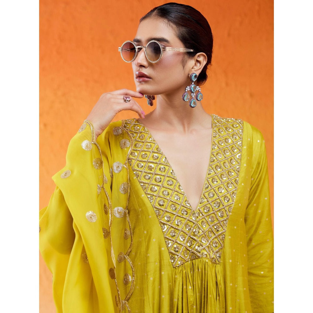 Redpine Designs Daisy Green Embroidered Anarkali with Pant and Dupatta (Set of 3)