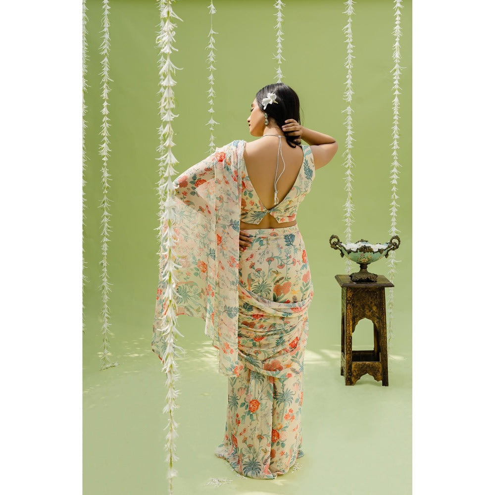 Redpine Designs Beige Printed Embroidered Pre Draped Saree with Stitched Blouse