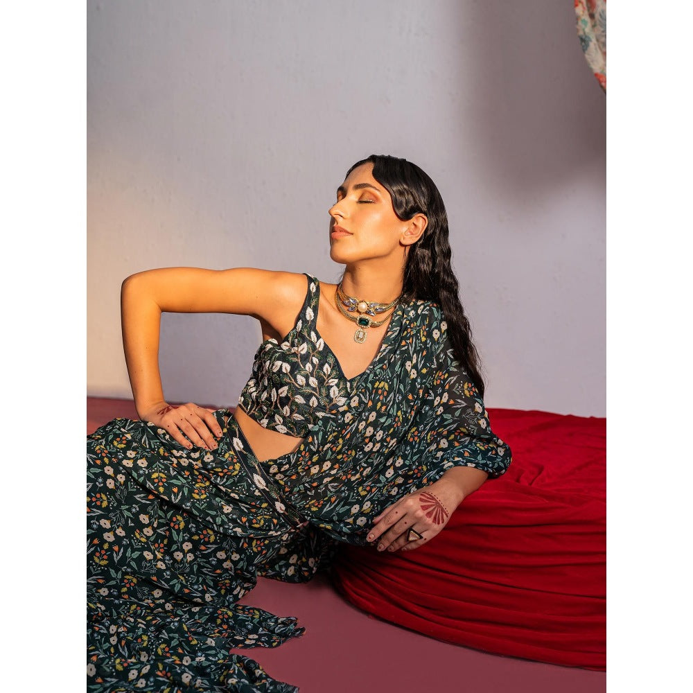 Redpine Designs Royal Green Floral Embroidered Pre Drape Saree with Stitched Blouse and Belt