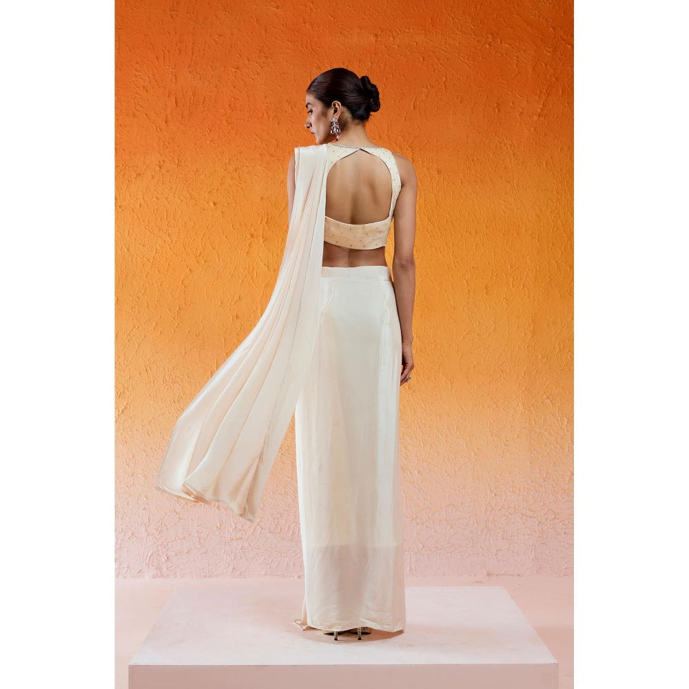 Redpine Designs Ivory Embroidered Pre Draped Saree with Stitched Blouse