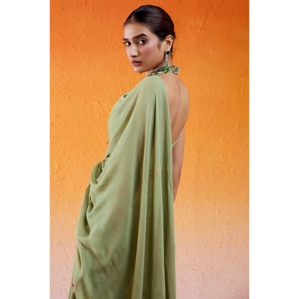 Redpine Designs Pista Green Embroidered Pre Drape Saree with Stitched Blouse and Belt