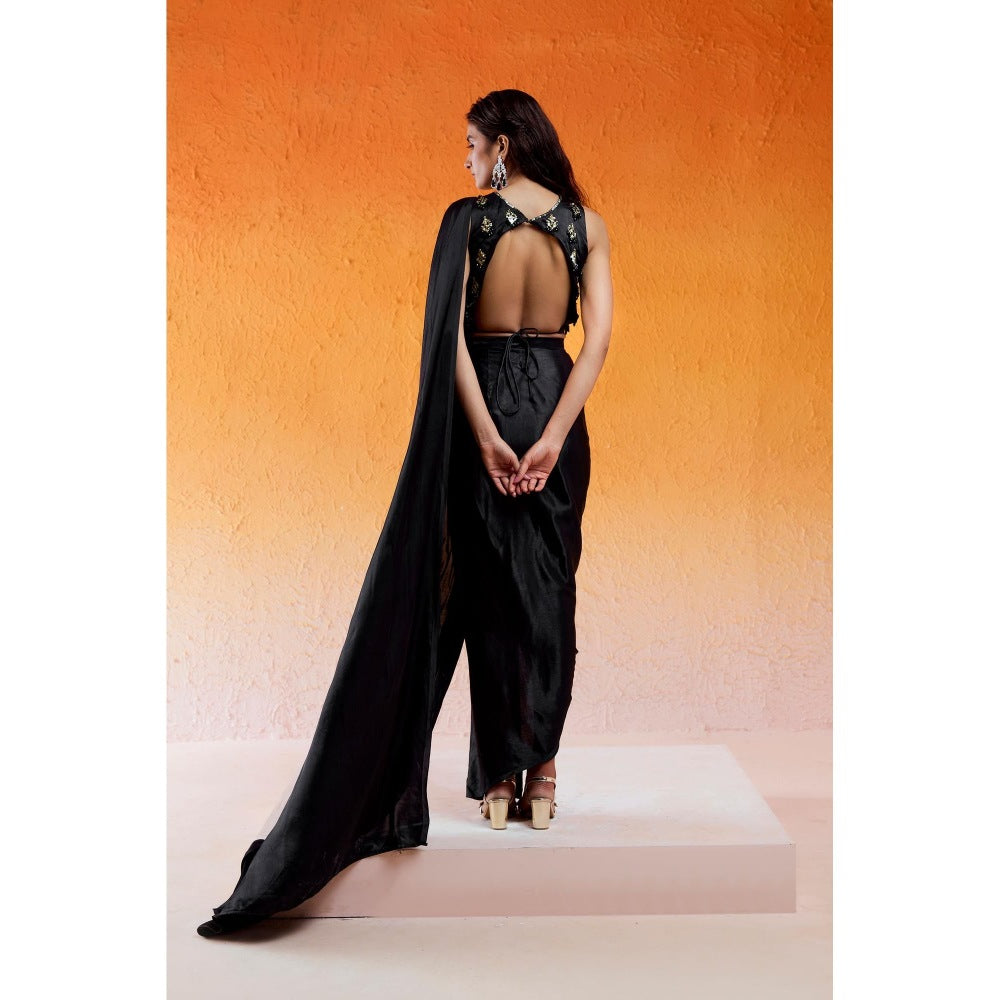 Redpine Designs Black Embellished Pre Draped Saree with Stitched Blouse