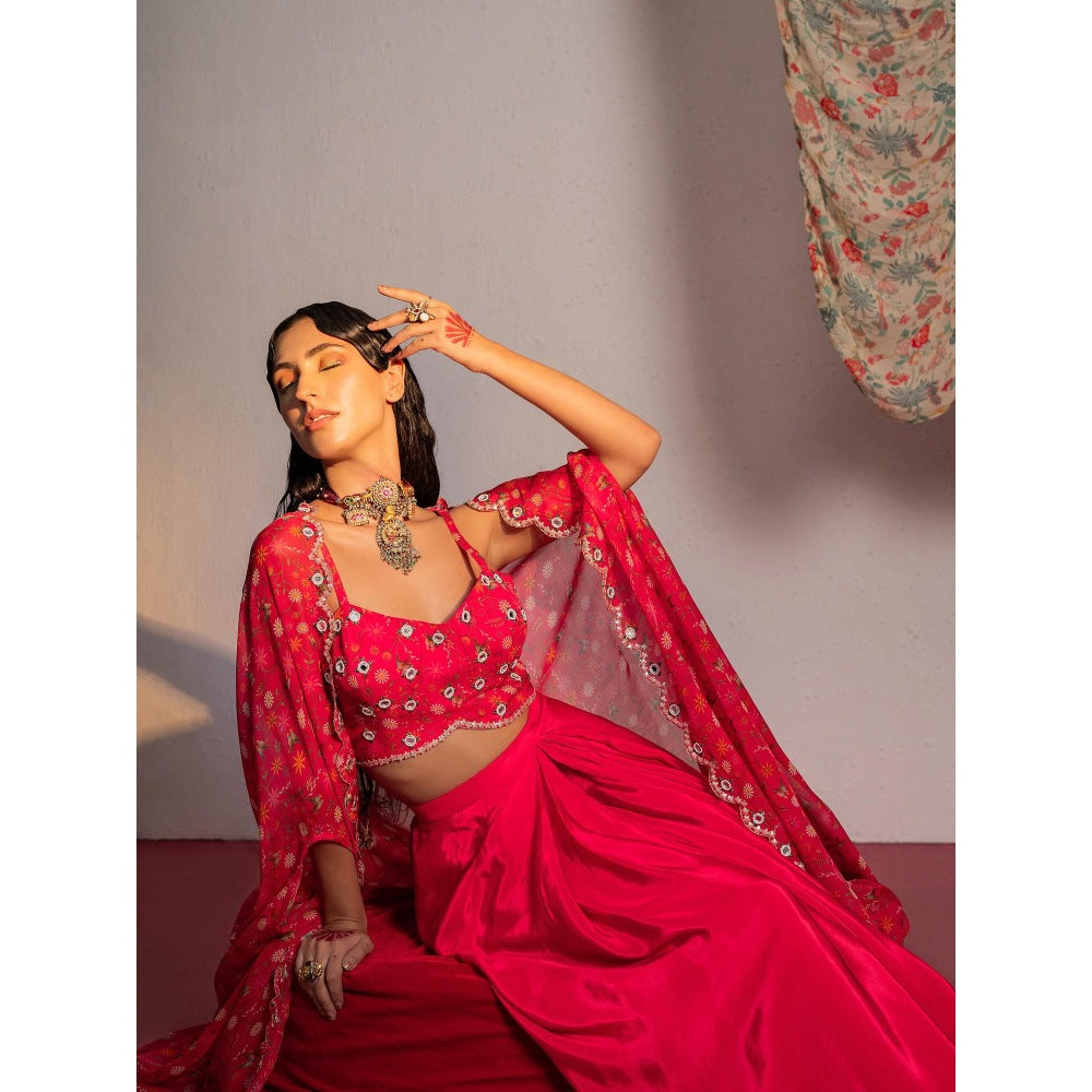 Redpine Designs Hot Pink Printed, Embroidered Lehenga with Cape and Blouse (Set of 3)