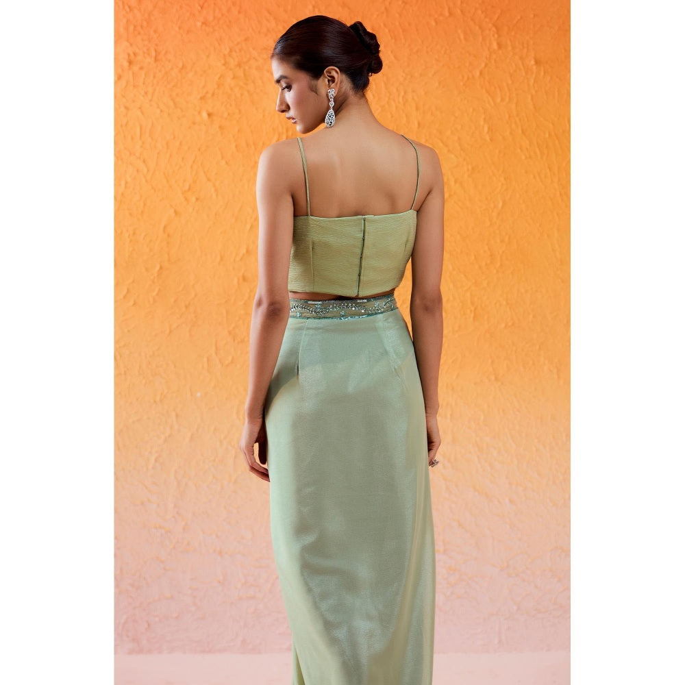 Redpine Designs Pista Green Embroidered Drape Skirt with Cape and Blouse (Set of 3)