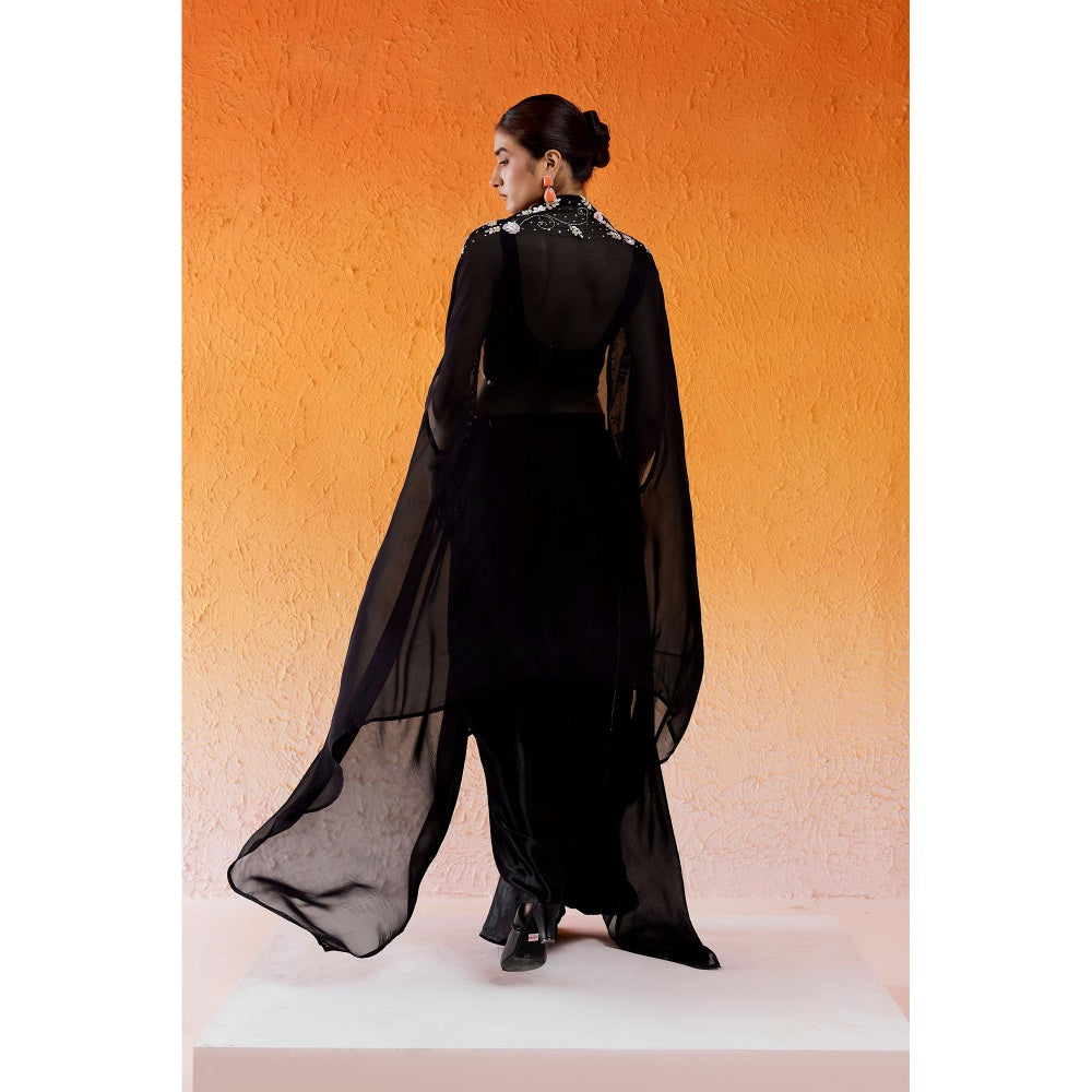 Redpine Designs Black Embroidered Drape Skirt with Cape and Blouse (Set of 3)