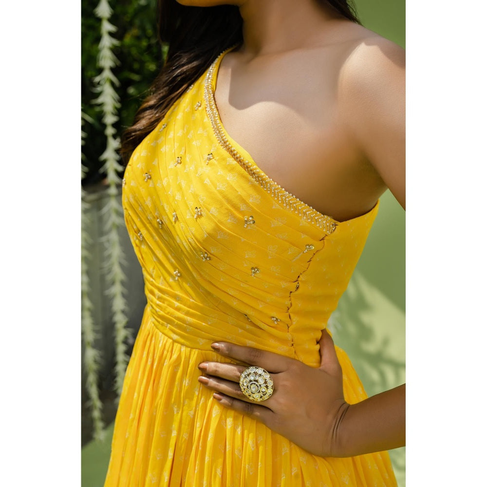 Redpine Designs Sunny Yellow Printed Embroidered Gown
