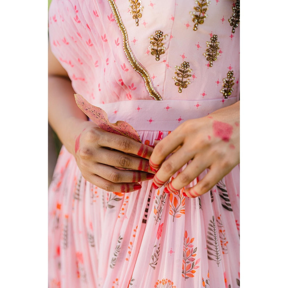 Redpine Designs Blush Pink Floral Printed Embroidered Maxi Dress