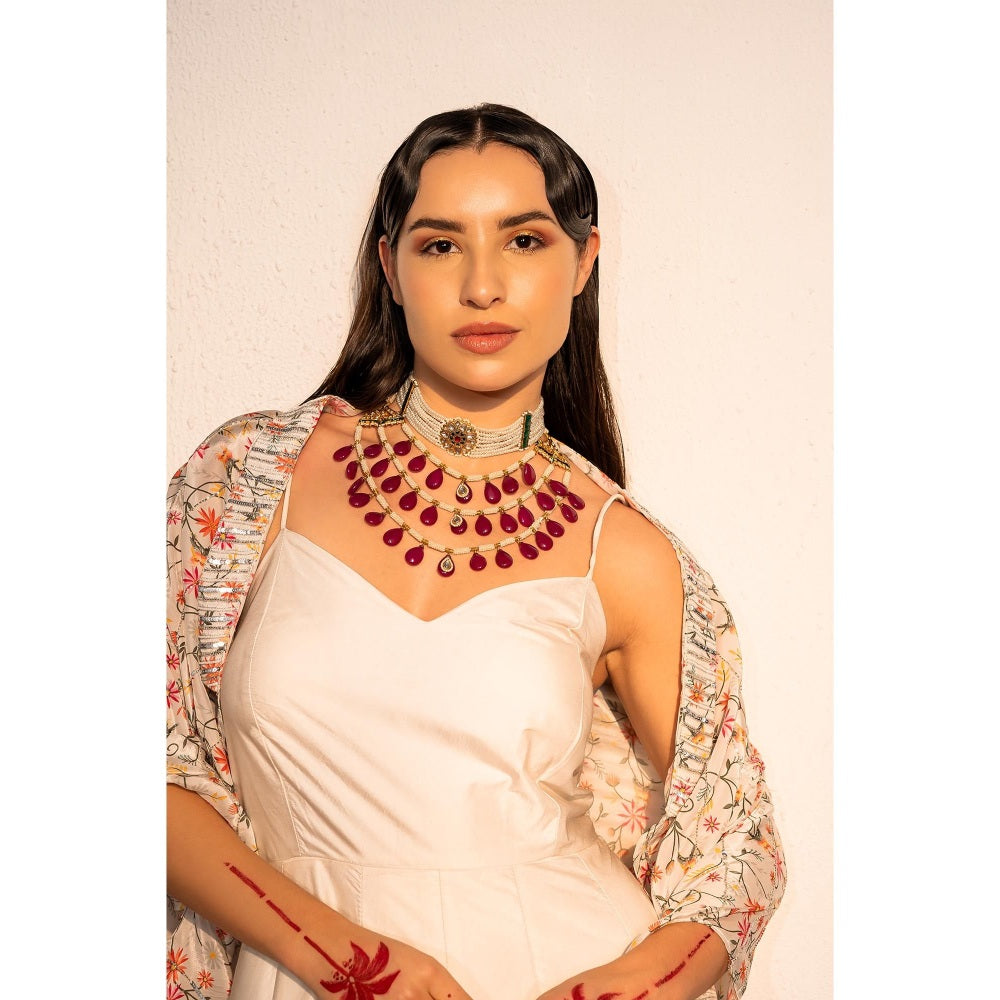 Redpine Designs Ivory Printed, Embroidered Jumpsuit with Cape (Set of 2)