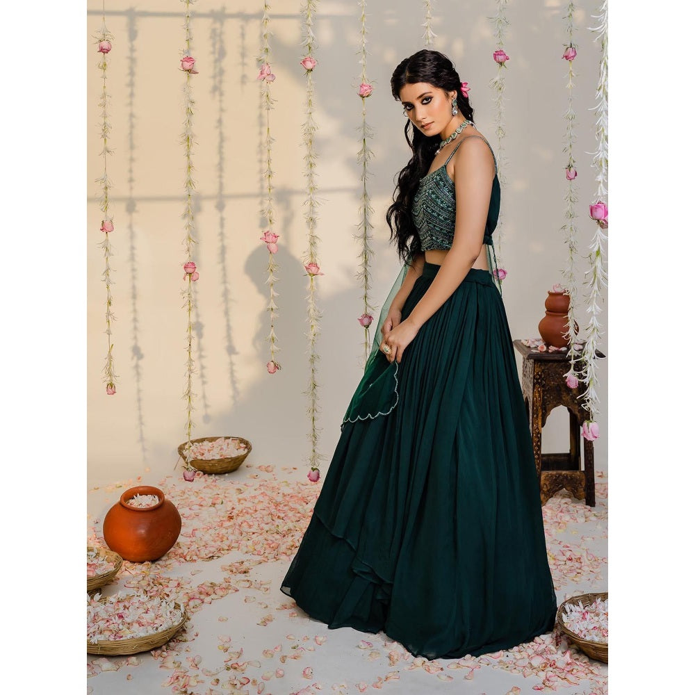 Redpine Designs Bottle Green Embellished Lehenga with Blouse and Dupatta (Set of 3)