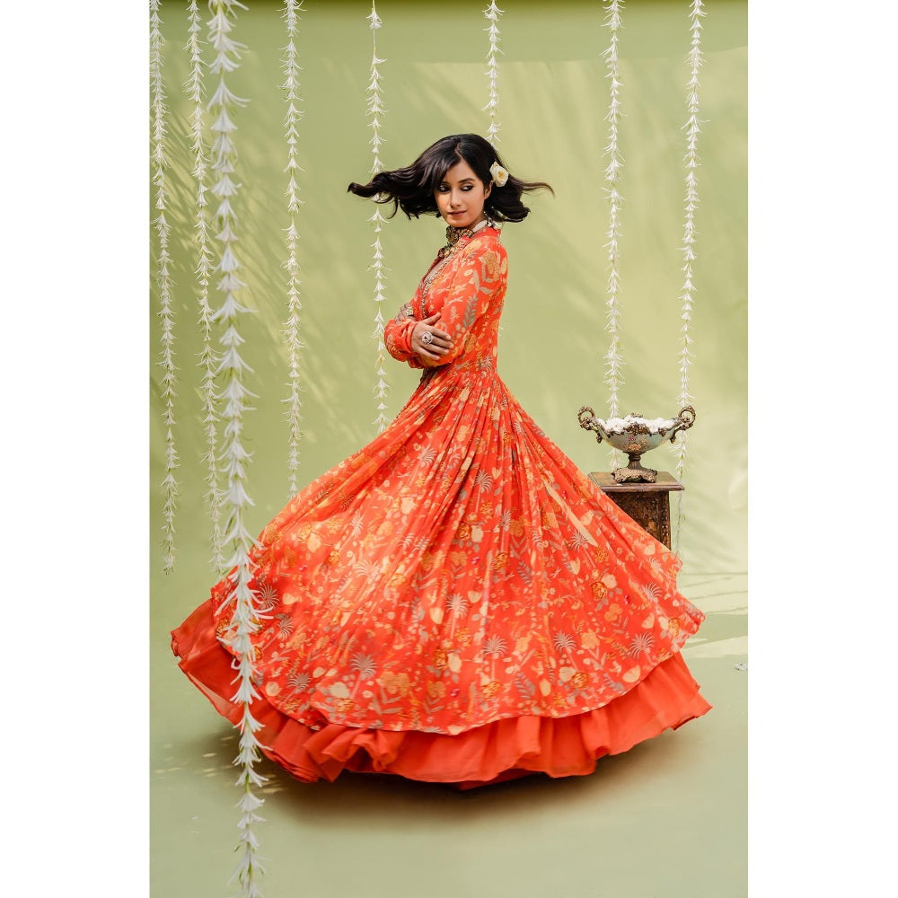 Redpine Designs Orange Embroidered Lehenga with Blouse, Jacket and Belt (Set of 4)