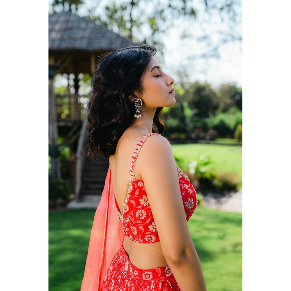 Redpine Designs Cherry Red Floral Printed Lehenga with Blouse and Dupatta (Set of 3)