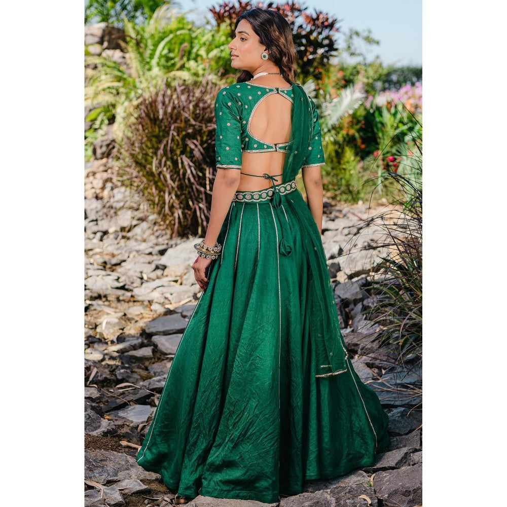 Redpine Designs Green Embroidered Lehenga with Blouse, Dupatta and Belt (Set of 4)