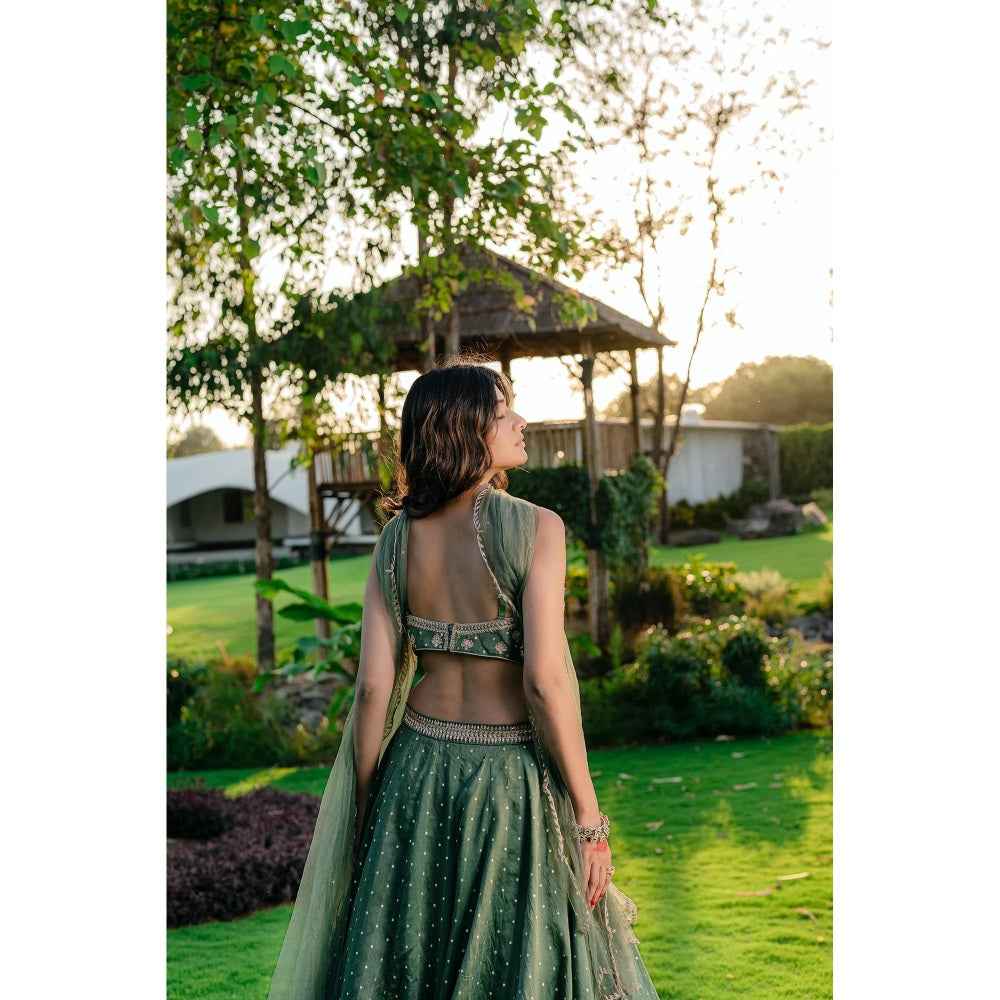 Redpine Designs Forest Green Embroidered Lehenga with Blouse and Dupatta (Set of 3)