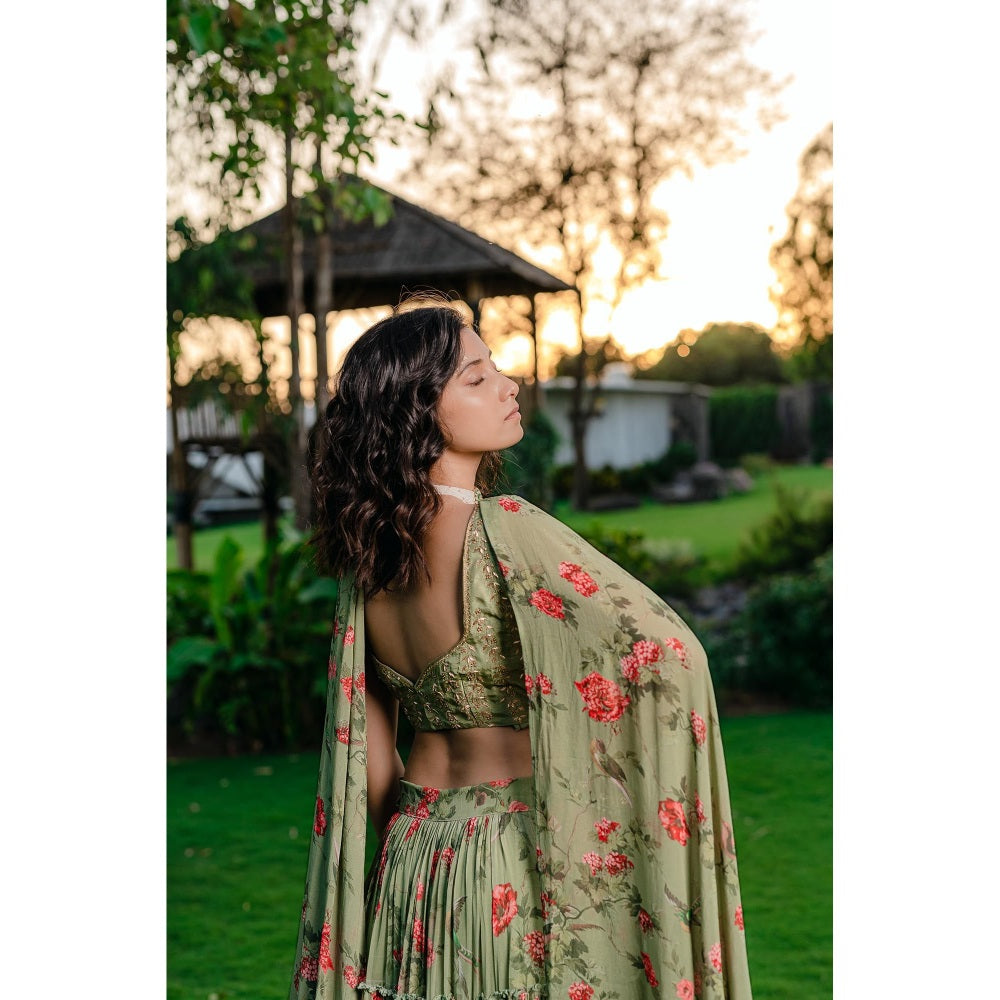 Redpine Designs Pista Green Printed Lehenga with Blouse and Dupatta (Set of 3)