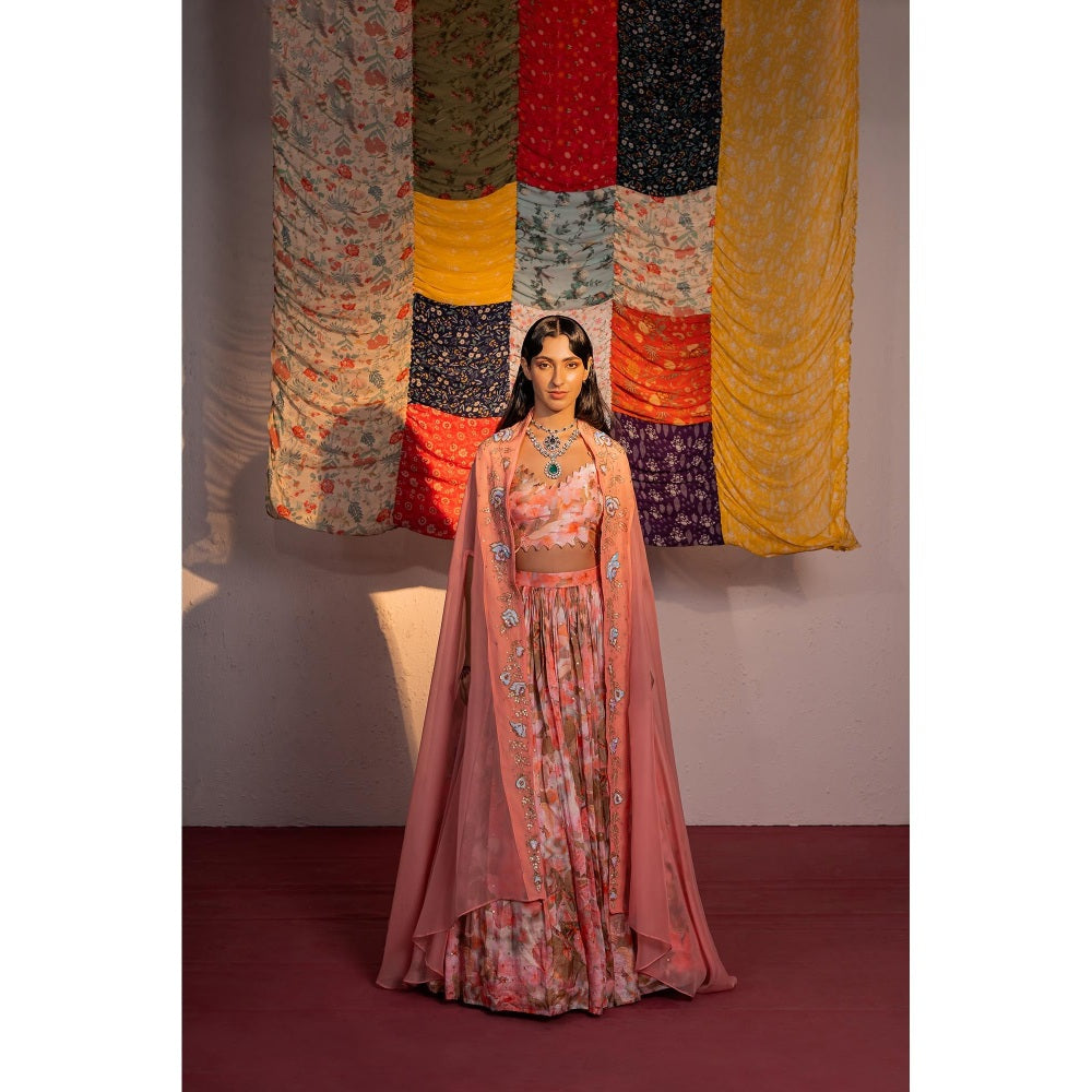 Redpine Designs Coral Printed Lehenga with Bustier and Cape (Set of 4)