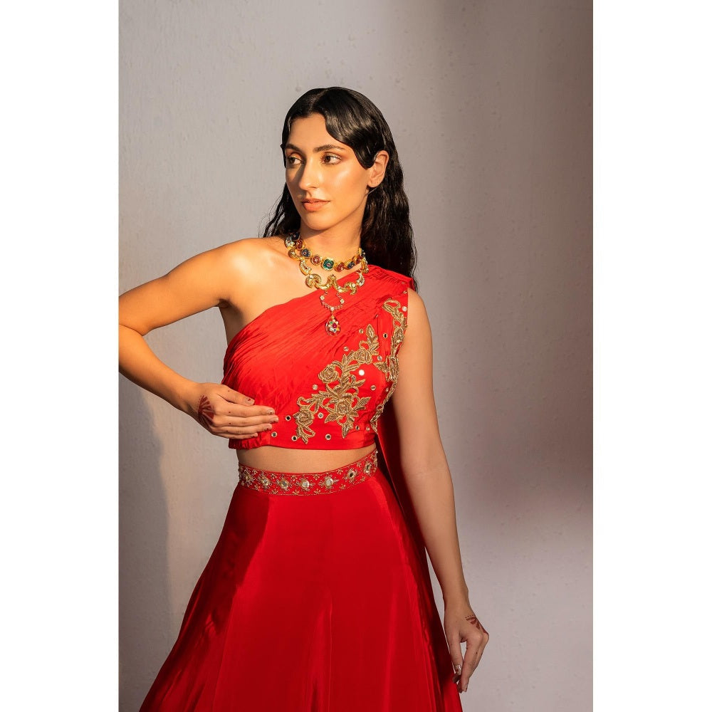 Redpine Designs Red Embroidered Lehenga with Attached Drape Blouse (Set of 2)