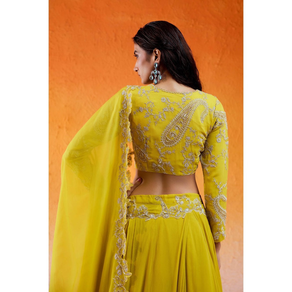 Redpine Designs Daisy Yellow Embellished Lehenga with Blouse and Dupatta (Set of 3)