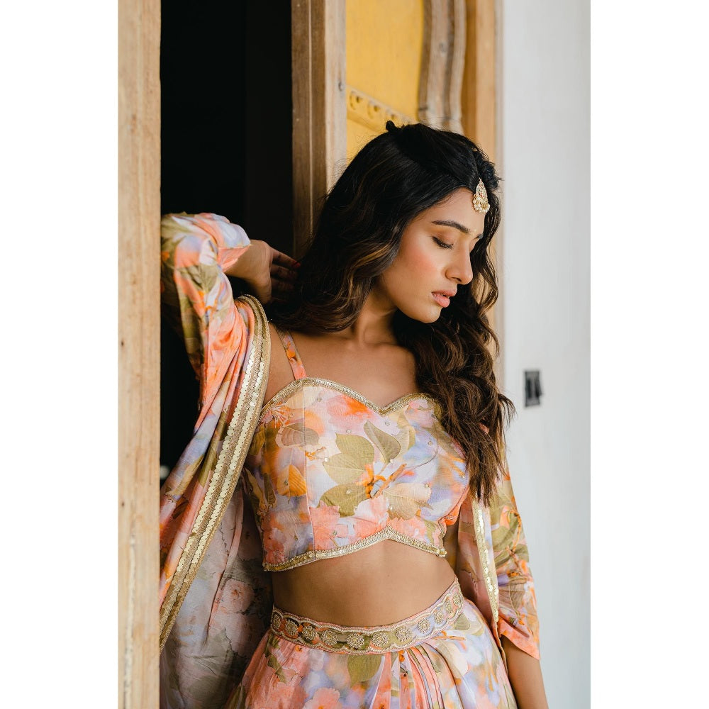 Redpine Designs Peach Printed, Embroidered Long Jacket with Skirt and Blouse (Set of 3)