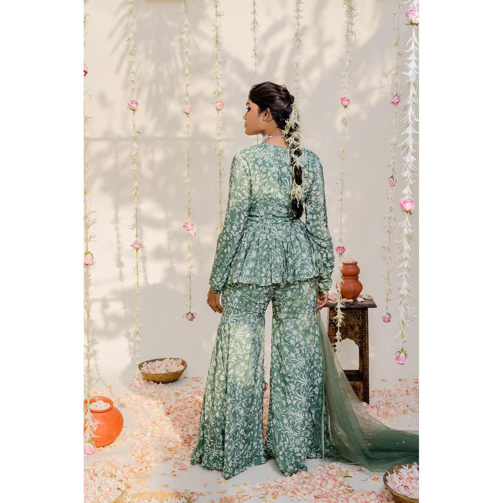 Redpine Designs Olive Embroidered Peplum Top with Sharara and Dupatta (Set of 3)