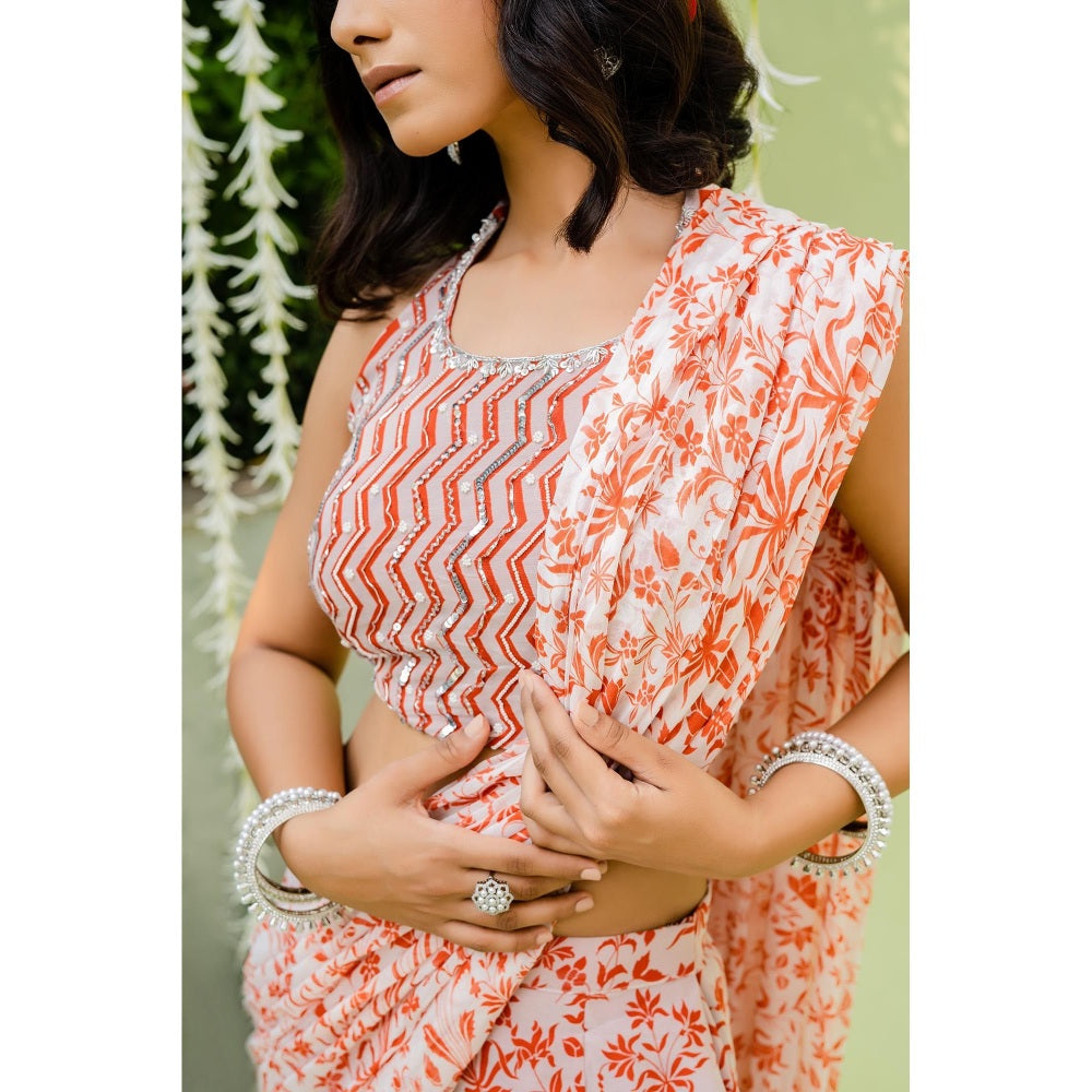 Redpine Designs Orange Embroidered Sharara with Attached Draped and Bustier (Set of 2)