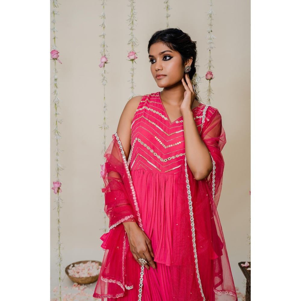 Redpine Designs Pink Embroidered Peplum Top with Sharara and Dupatta (Set of 3)