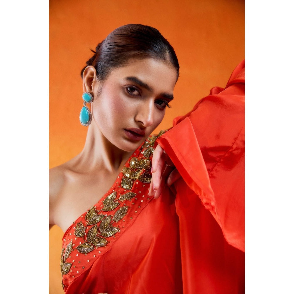 Redpine Designs Rust One Shoulder Embroidered Kurta with Sharara (Set of 2)