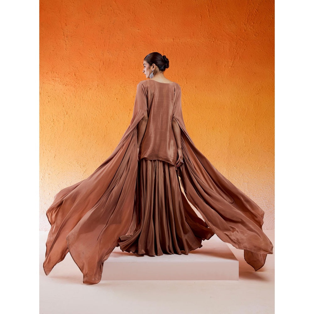 Redpine Designs Brown Embroidered Sharara with Cape Sleeve Kurta (Set of 2)