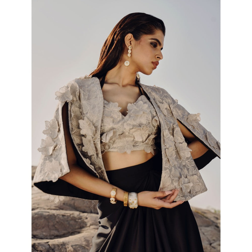 RENASCI Women Antique Floral Applique Skirt with Bralette and Cape (Set of 3)