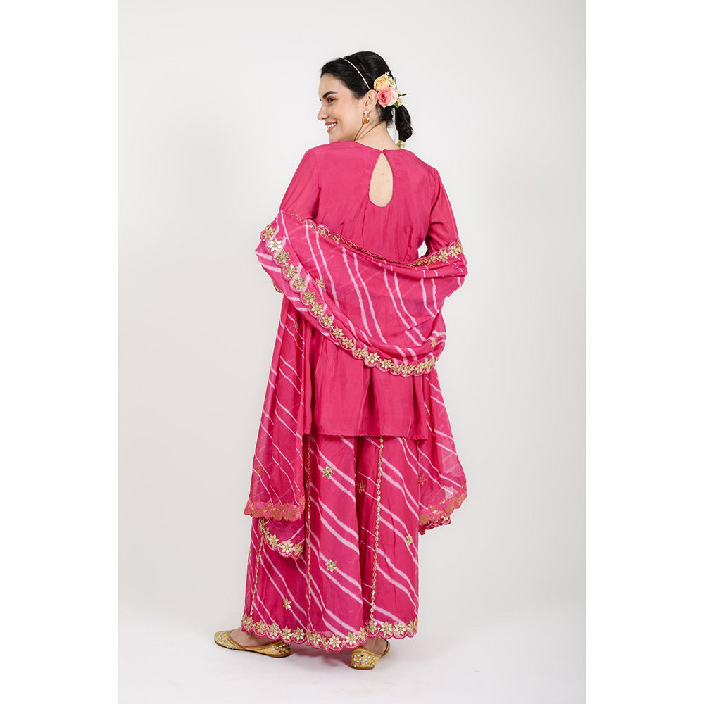Rhapsody Jaipur Hot Pink Leheriya Sharara with Short Kurta and Dupatta (Set of 3)