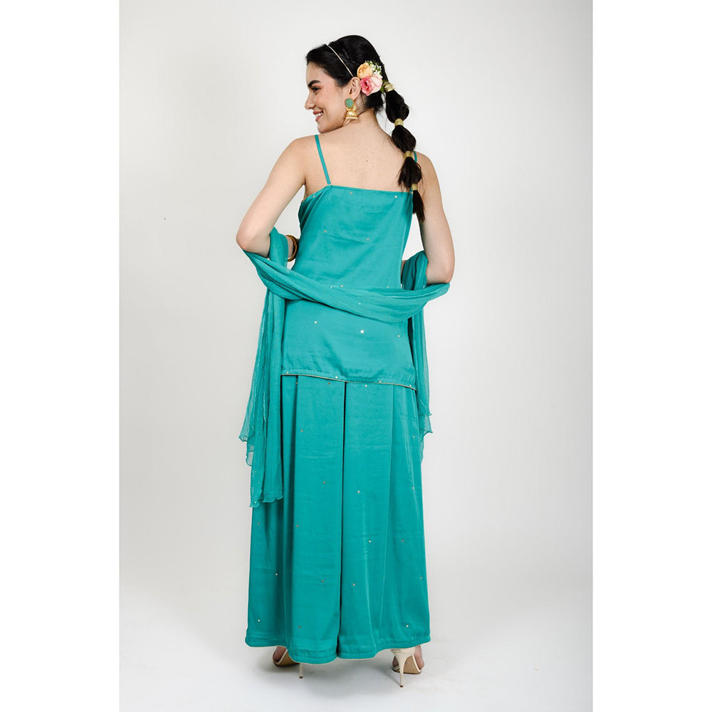 Rhapsody Jaipur Teal Zardozi and Sequin Palazzo with Short Kurta and Dupatta (Set of 3)