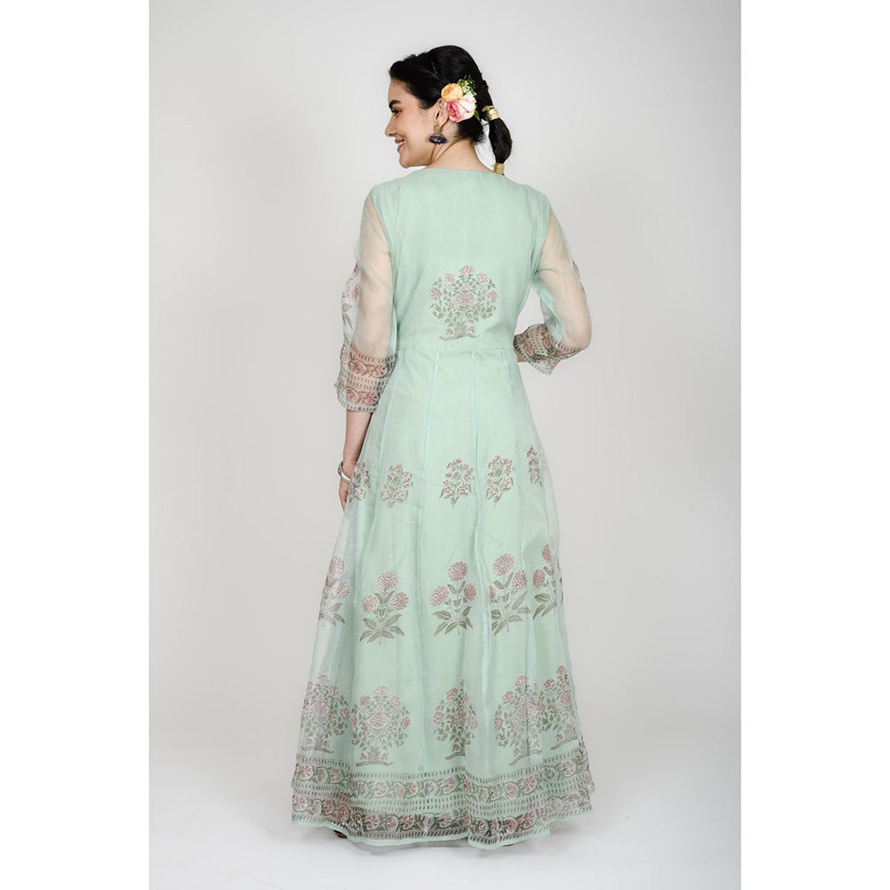 Rhapsody Jaipur Turquoise Printed Anarkali Dress